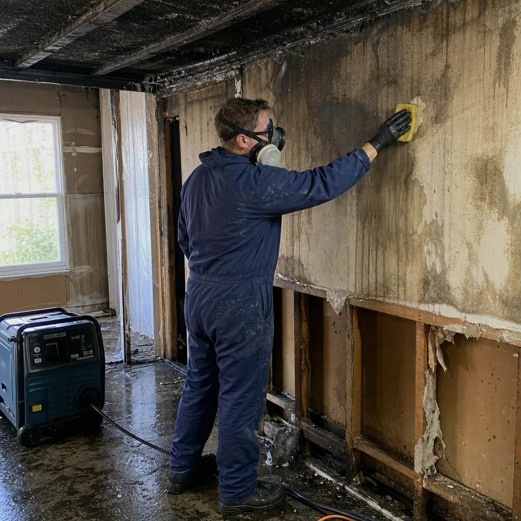 Professional cleaning fire and smoke damaged walls after a house fire.