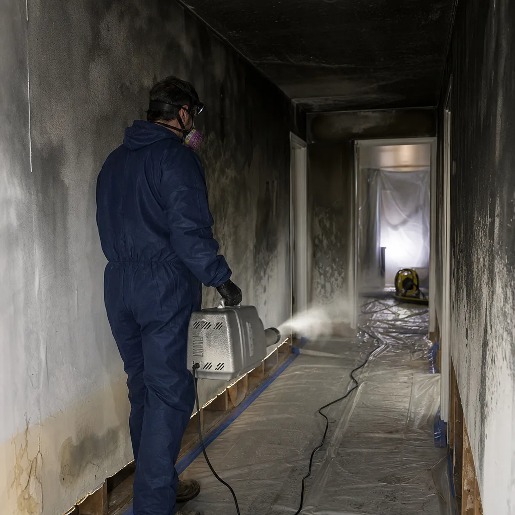 Technician performing professional fire and smoke odor neutralization in a damaged hallway
