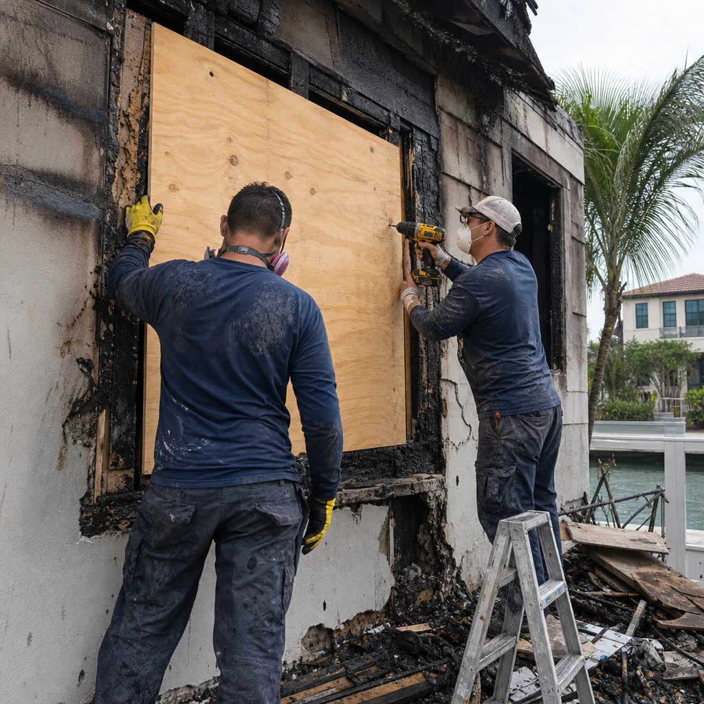 Two technicians boarding up fire damaged property windows