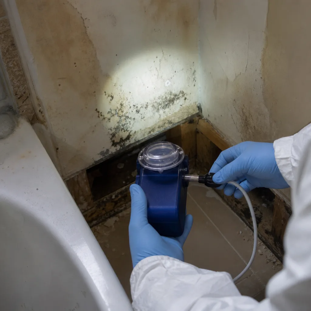 Professional technician performing mold remediation air quality testing