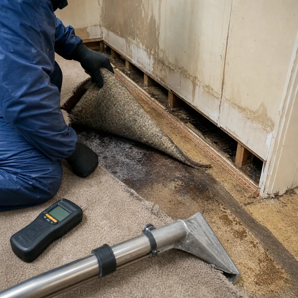 Professional performing water damage restoration inspection and moisture testing on carpet