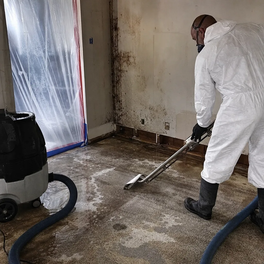 Technician in protective gear performing professional water damage restoration services