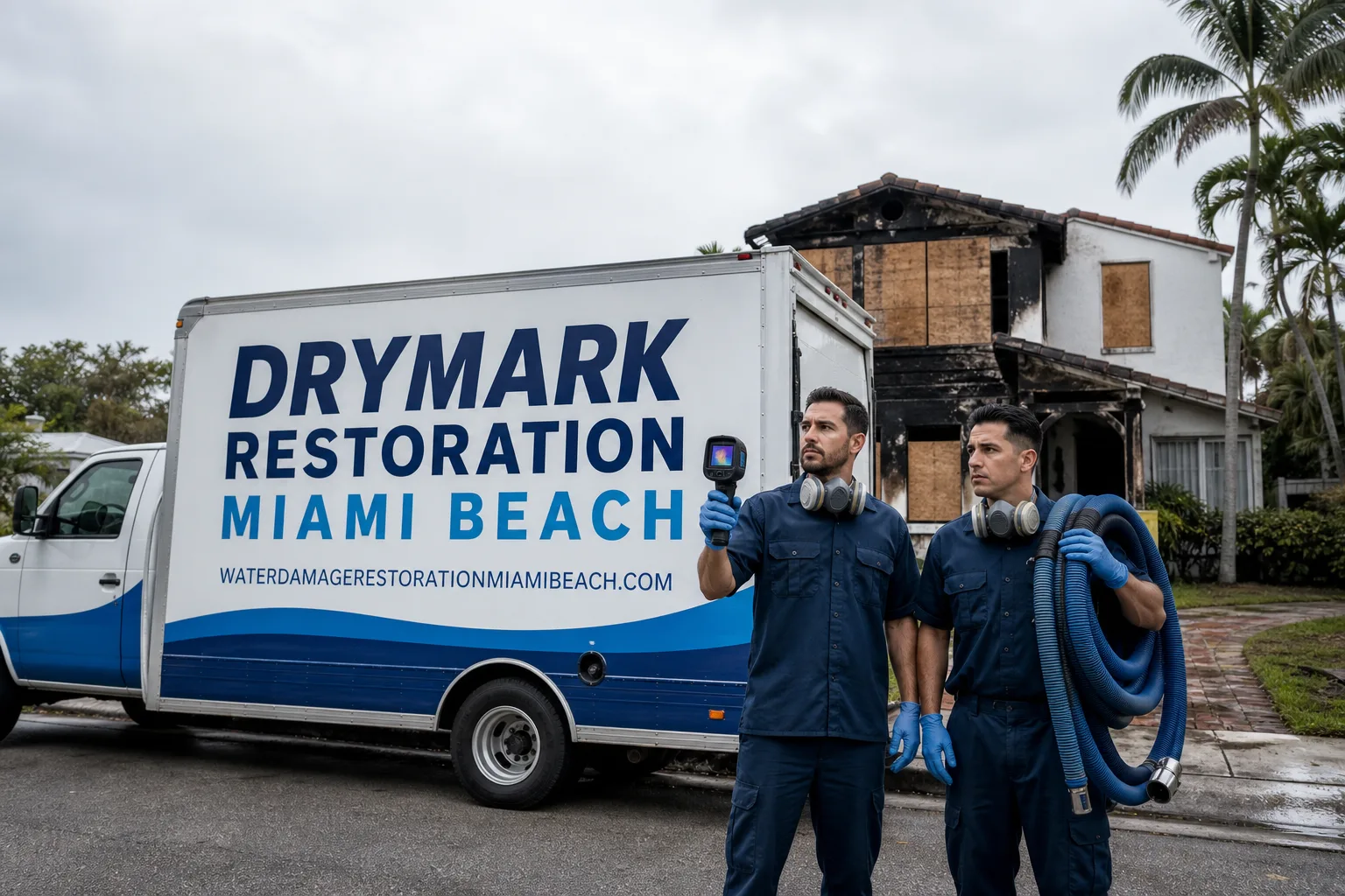 DryMark Restoration Miami Beach damage restoration service vehicle and crew in Miami Beach, FL